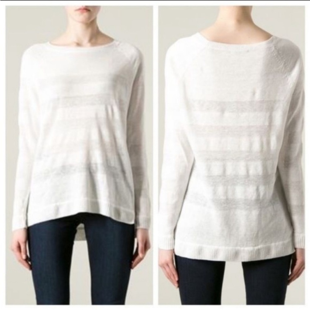 Vince Striped Long Sleeve 100% Linen Top- Semi Sheer-White